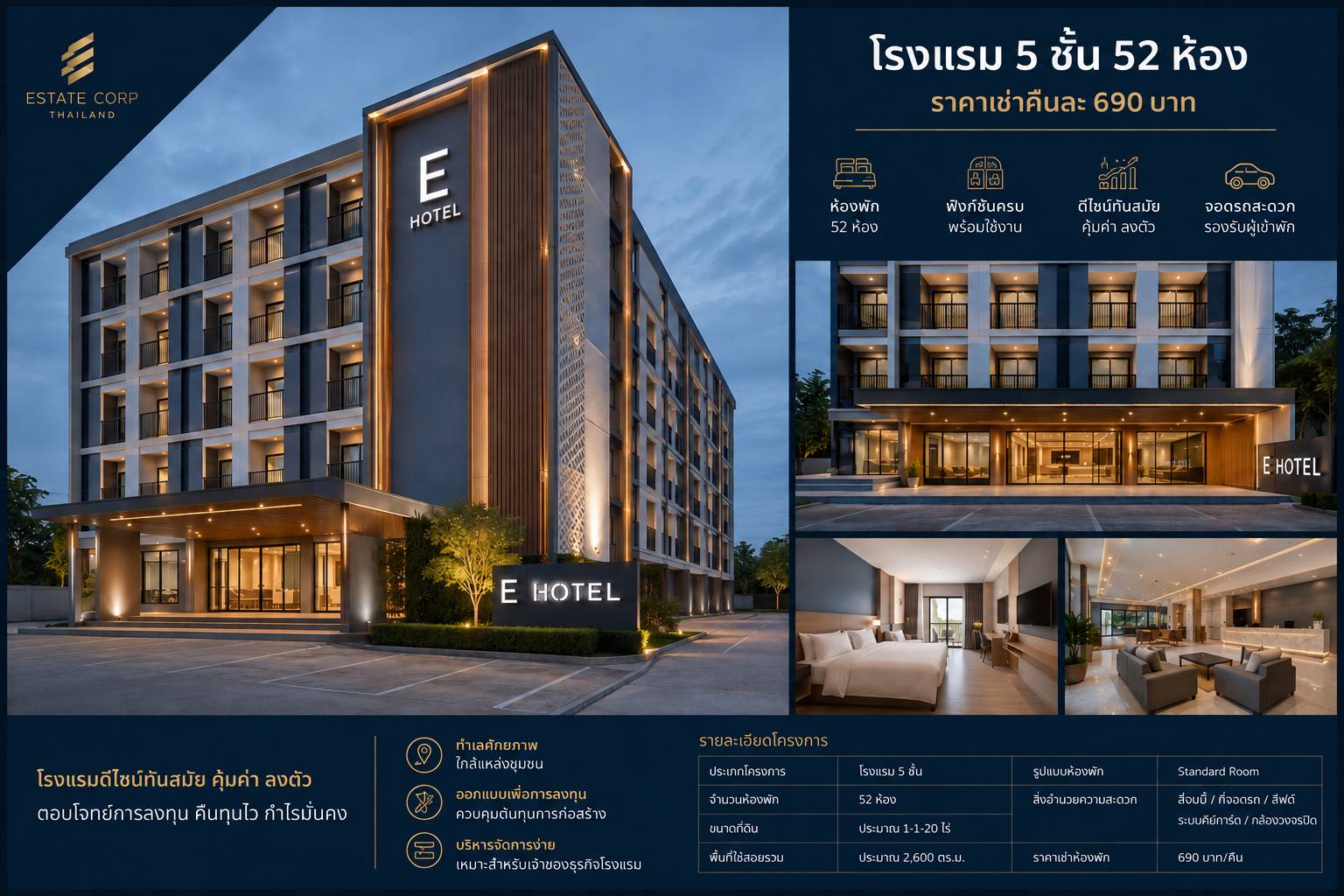 โรงแรม E Hotel 5 ชั้น 52 ห้อง